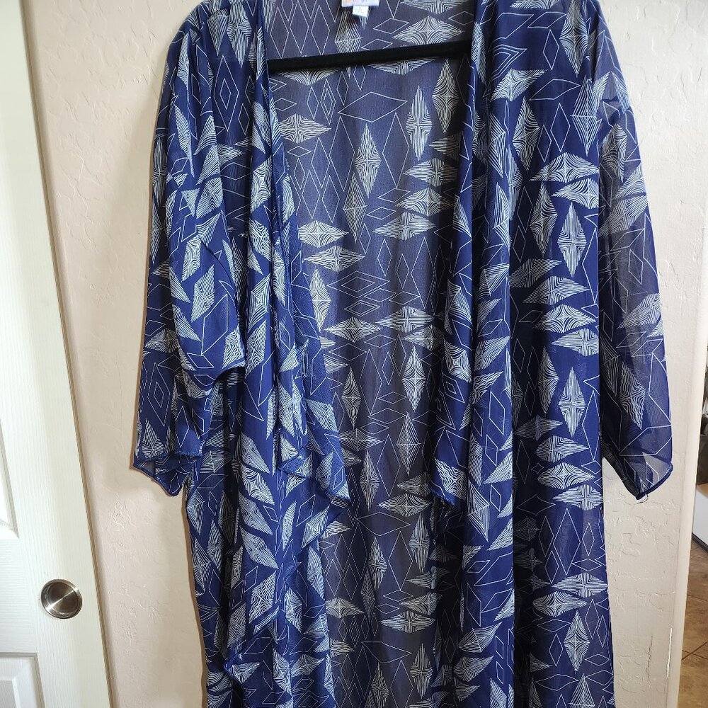 LuLaRoe Shirley Kimono Size L Navy Blue with White Diamonds Asymmetric Design